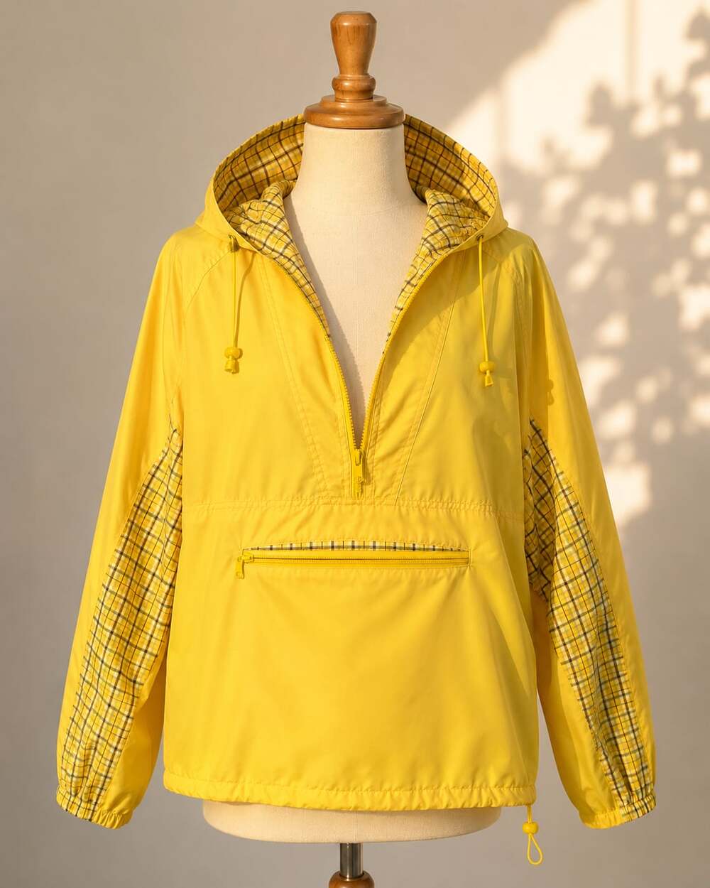 Vintage Yellow Plaid Lined Hooded Anorak Windbreaker Pullover Jacket L